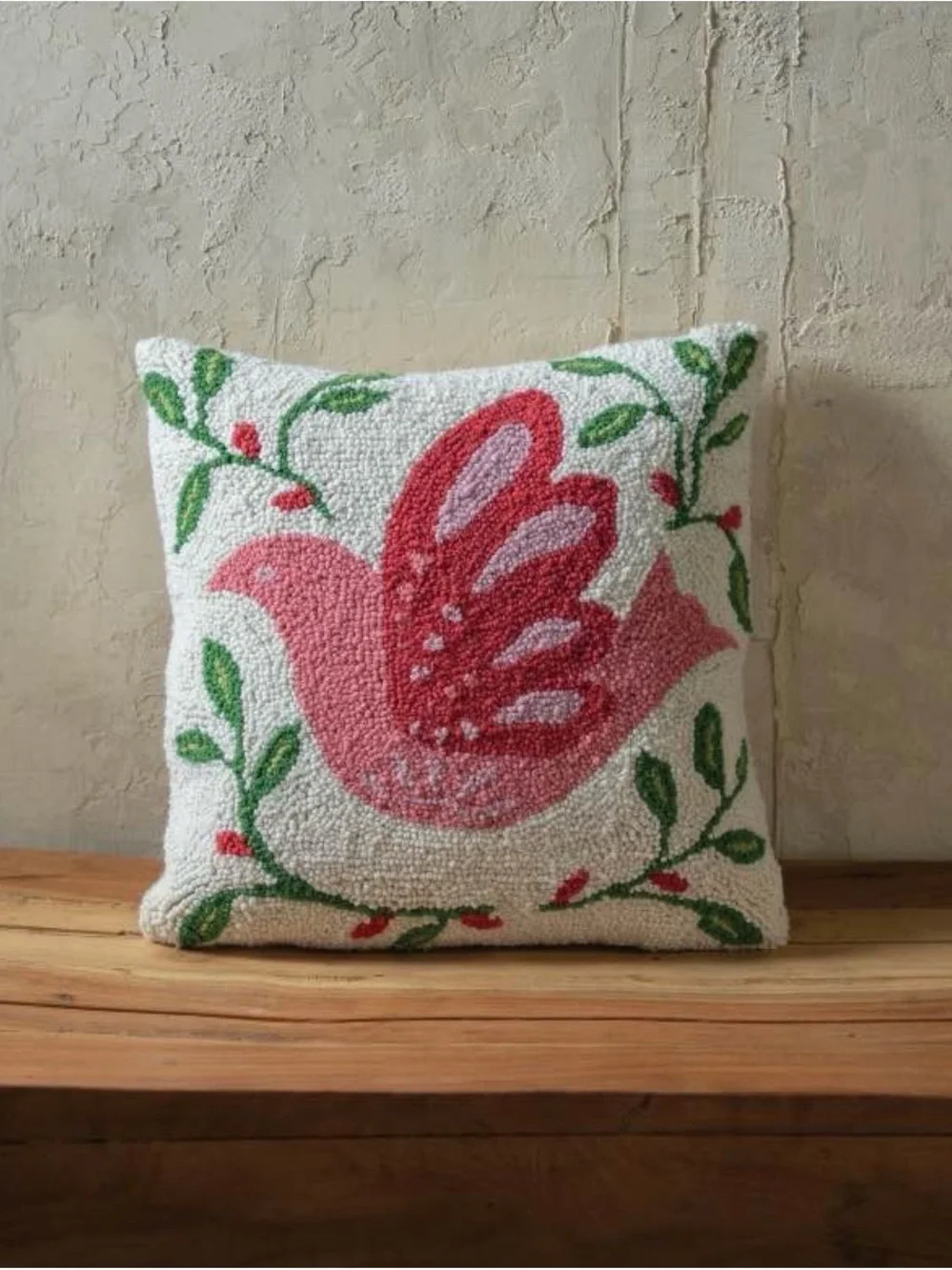Bird wool Hooked Pillow - Red and Pink
